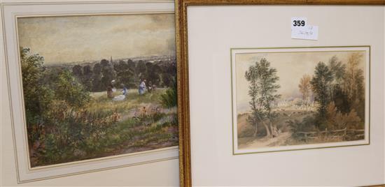 J.J. Hughes, Figures in landscapes and another watercolour landscape 24 x 35cm